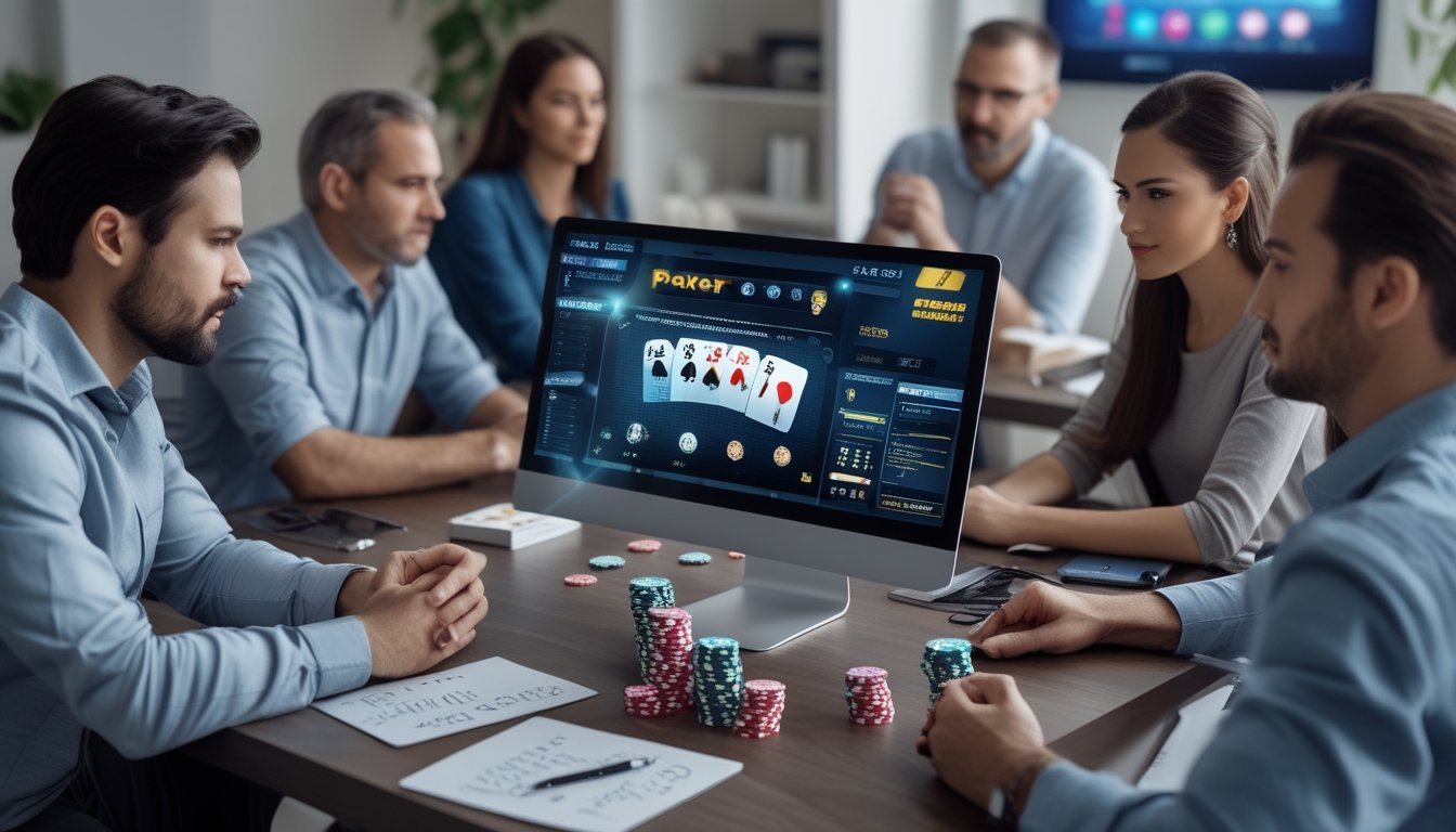 Beberapa orang duduk di sekitar meja dengan laptop dan kartu poker, terlihat serius dan fokus bermain poker online.