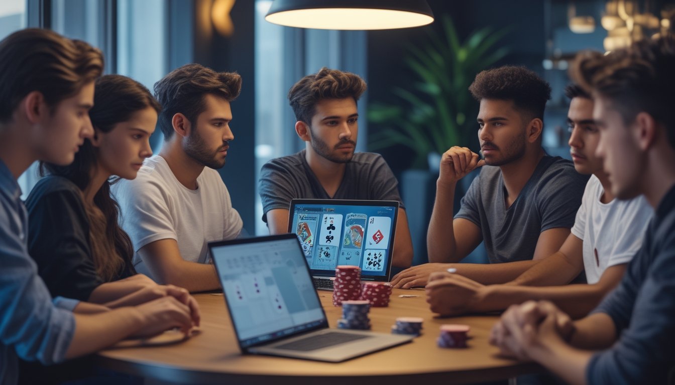 Sekelompok orang muda bermain poker online di meja dengan laptop dan kartu digital, terlihat serius dan fokus.