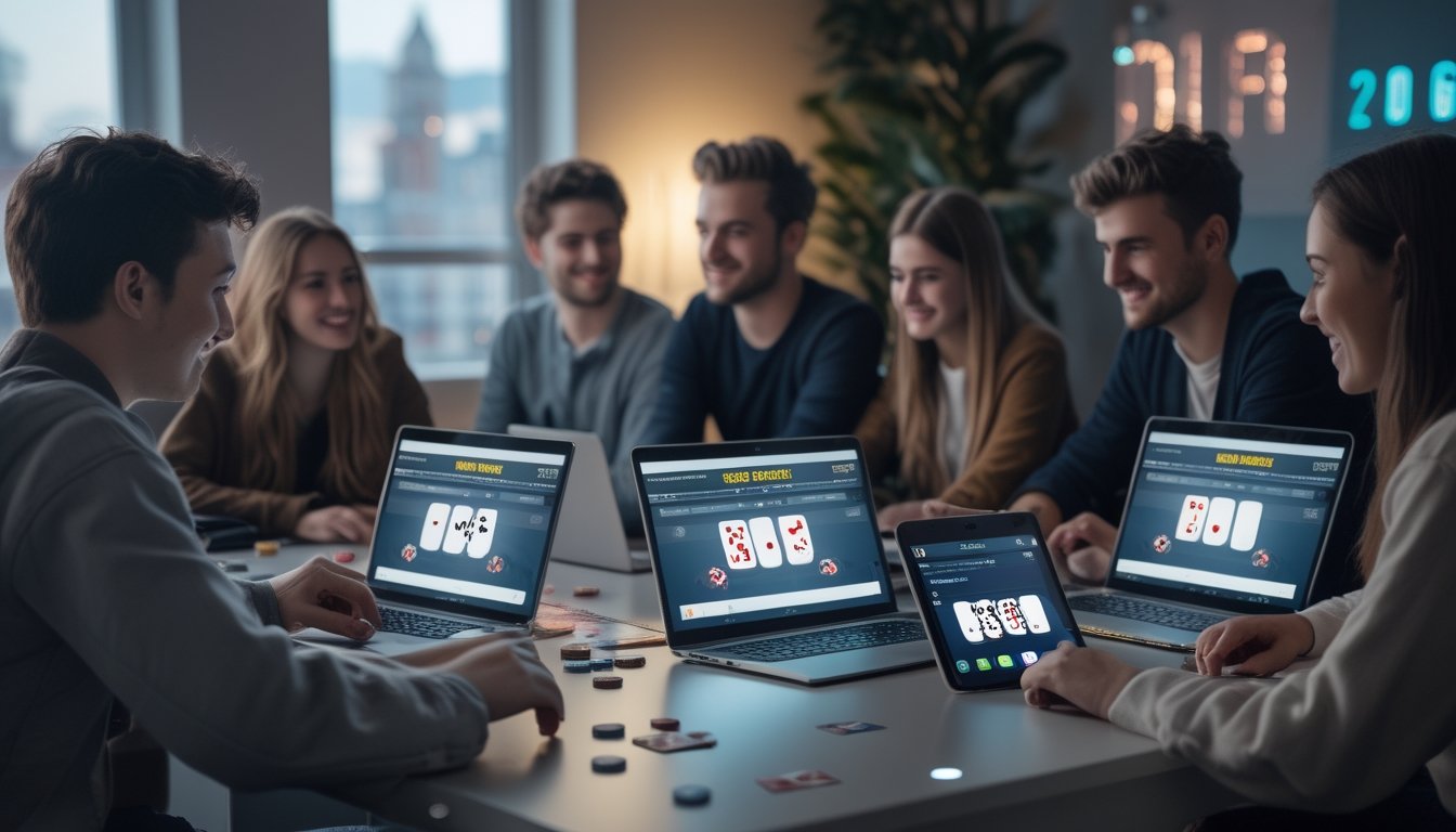 Sekelompok orang muda bermain permainan kartu online di sebuah ruangan dengan pencahayaan hangat dan perangkat digital.