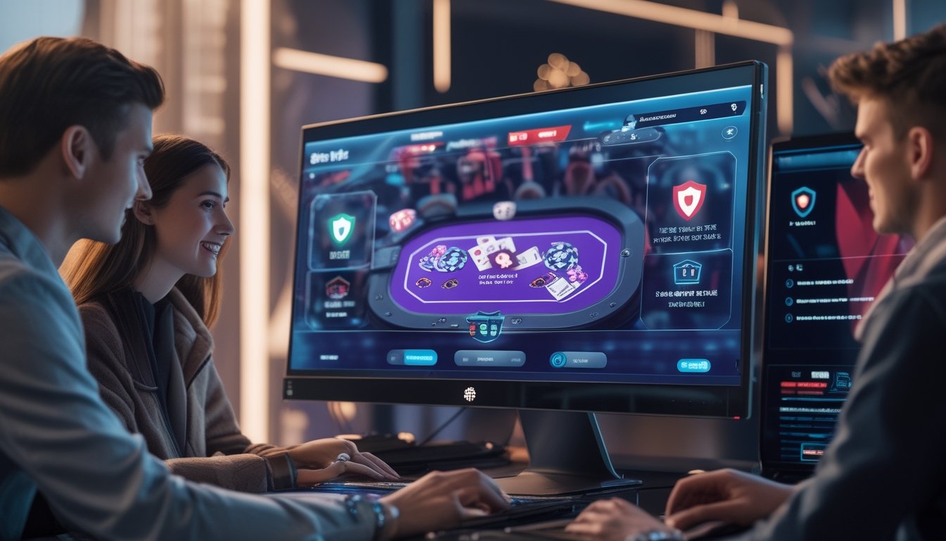 Orang-orang muda bermain poker online di depan komputer dengan tampilan antarmuka permainan yang modern dan aman.