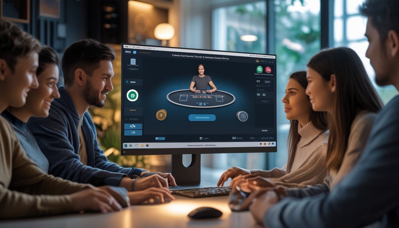 Sekelompok orang muda bermain poker online di depan layar komputer dalam ruangan yang nyaman dan terang.