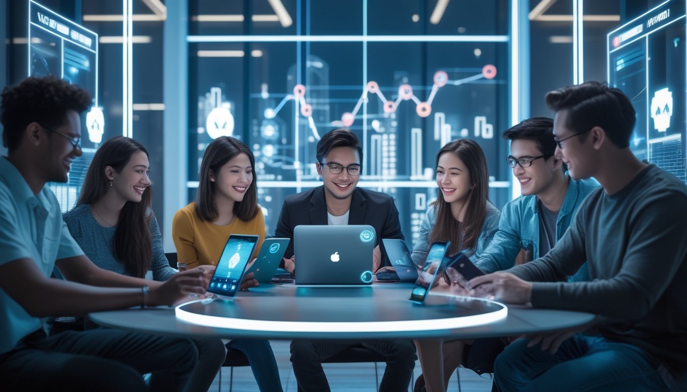 Sekelompok orang muda sedang bermain poker online di ruangan modern dengan perangkat digital dan layar holografik.