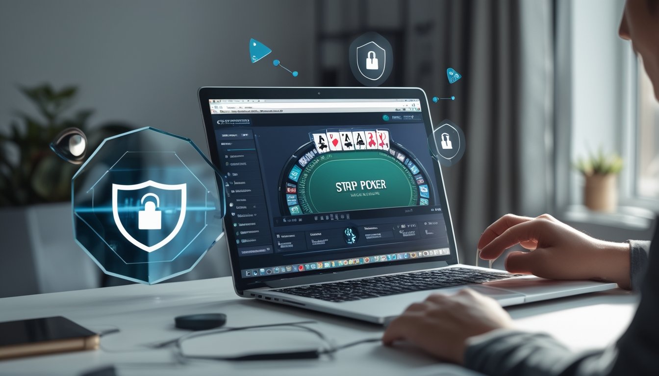 Seseorang menggunakan laptop di meja kerja dengan tampilan permainan poker online dan ikon keamanan digital di latar belakang.