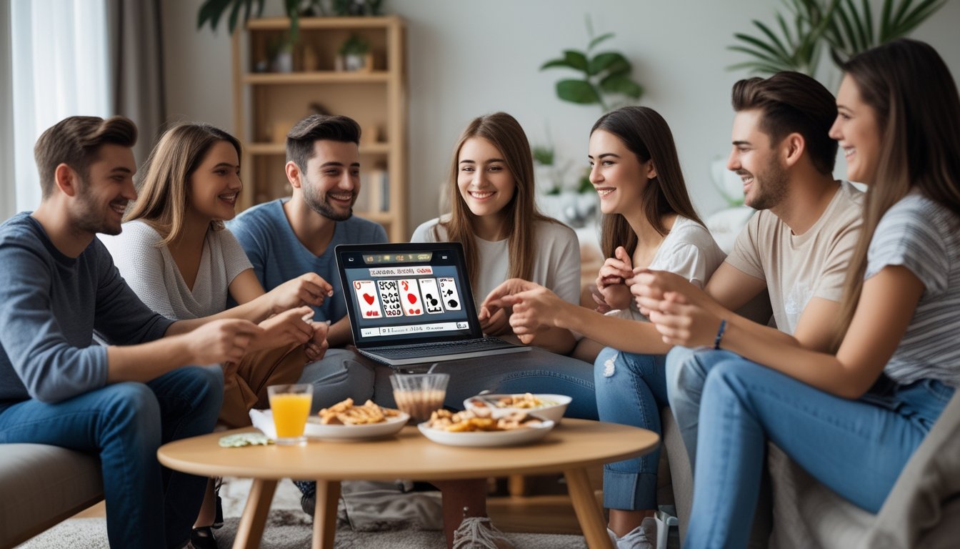 Sekelompok orang muda bermain poker online bersama di ruang tamu yang nyaman dengan laptop dan makanan ringan di meja.