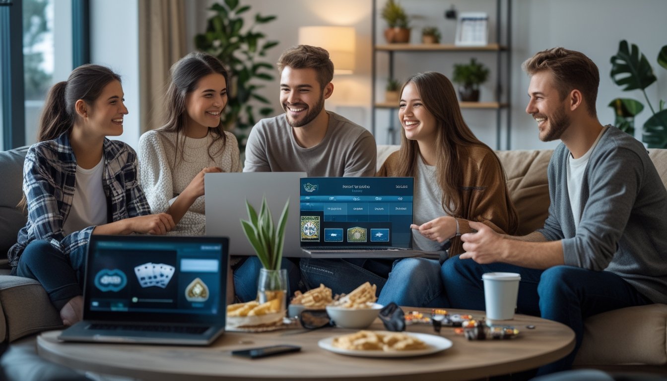 Sekelompok teman bersiap bermain poker online bersama di ruang tamu yang nyaman, duduk di sekitar meja dengan laptop dan ponsel, tersenyum dan tertawa.