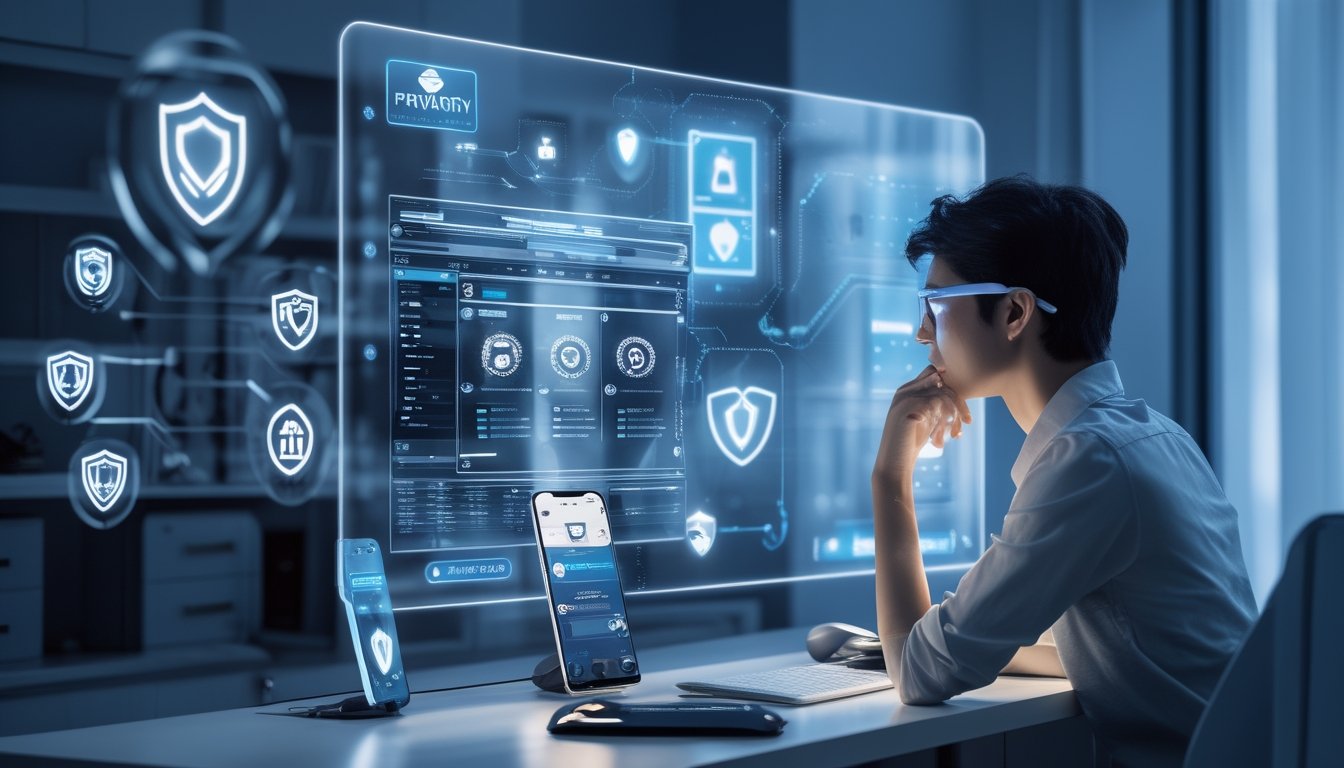 Seorang dewasa muda duduk di depan meja dengan layar holografik menampilkan permainan poker online, dikelilingi oleh ikon keamanan digital di ruangan berteknologi tinggi.