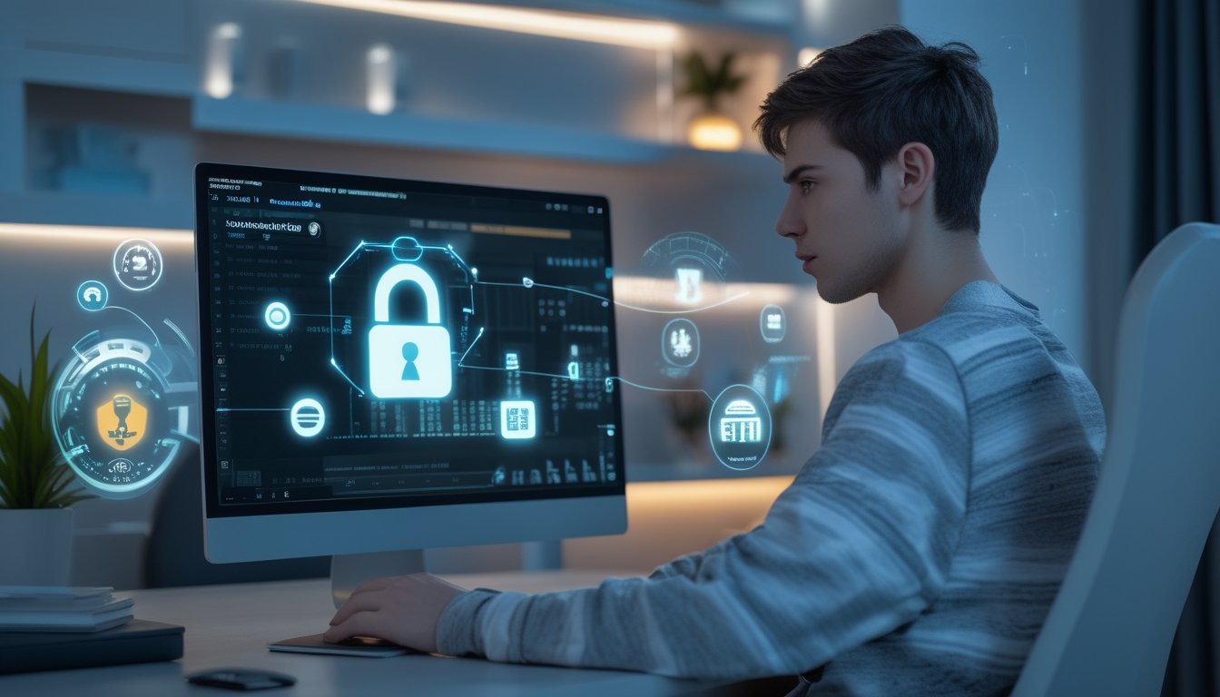 Seorang dewasa muda duduk di depan laptop di ruang kerja modern dengan tampilan holografik data mengambang di sekitarnya, menggambarkan risiko kebocoran data pribadi saat bermain poker online.