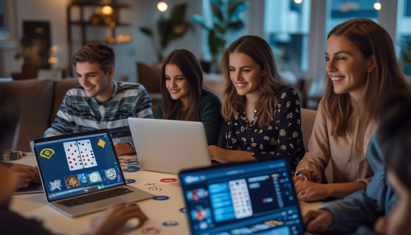 Sekelompok orang muda bermain poker online bersama di ruang tamu yang nyaman dengan laptop dan perangkat mobile.