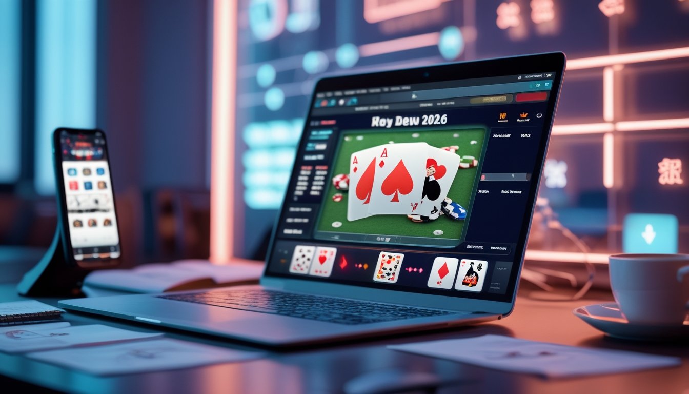 Sebuah laptop di meja kerja menampilkan permainan poker online dengan kartu dan chip poker, dikelilingi oleh catatan, ponsel, dan secangkir kopi.