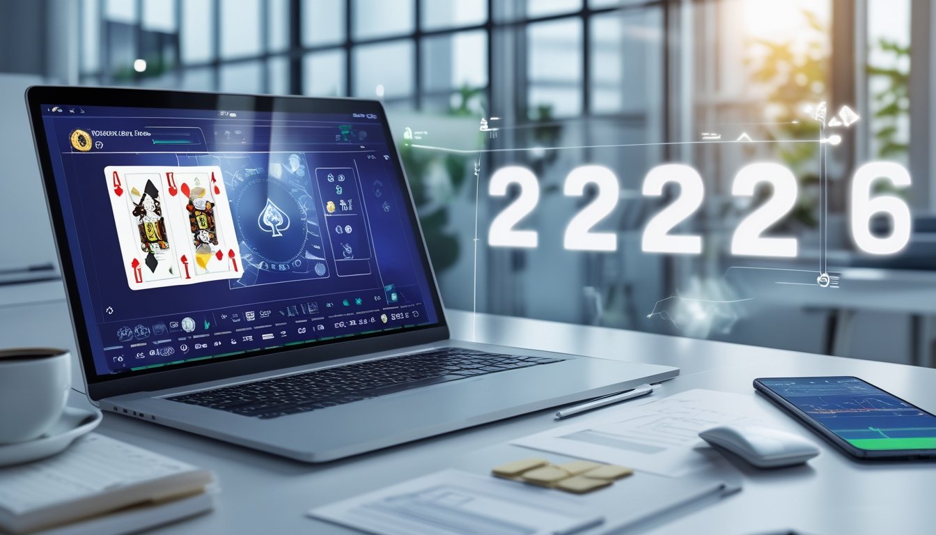 Seorang profesional sedang bekerja di depan laptop dengan tampilan permainan poker online, dikelilingi oleh catatan dan ponsel di meja kantor yang terang.