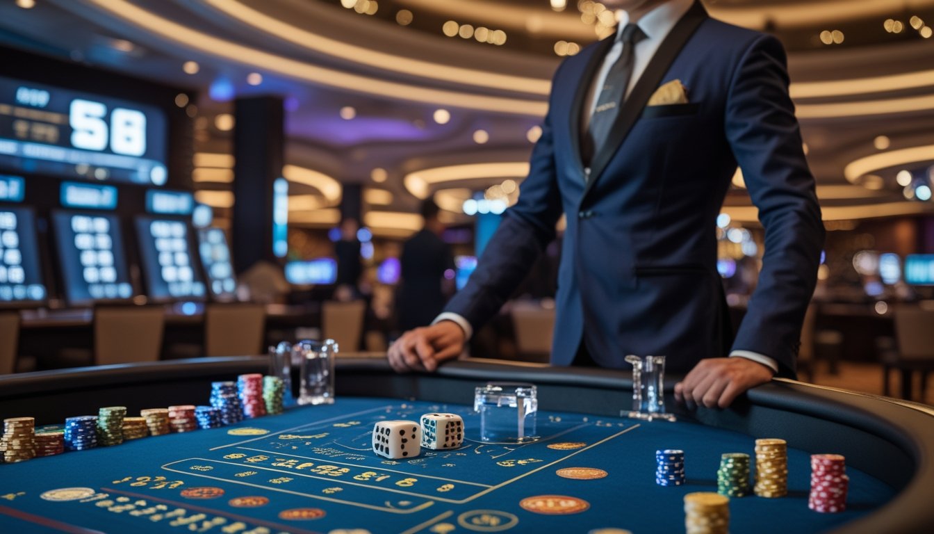 Seorang dealer profesional sedang mengelola permainan Sic Bo di meja kasino dengan dadu dan chip taruhan di dalam ruangan kasino yang mewah.