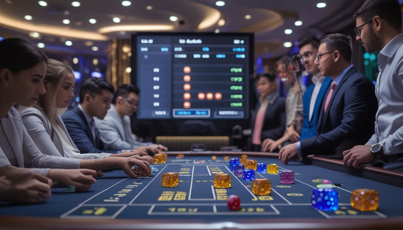 Seorang pemain memperhatikan tabel statistik Sic Bo live casino di meja permainan dengan dadu dan chip di depan mereka.
