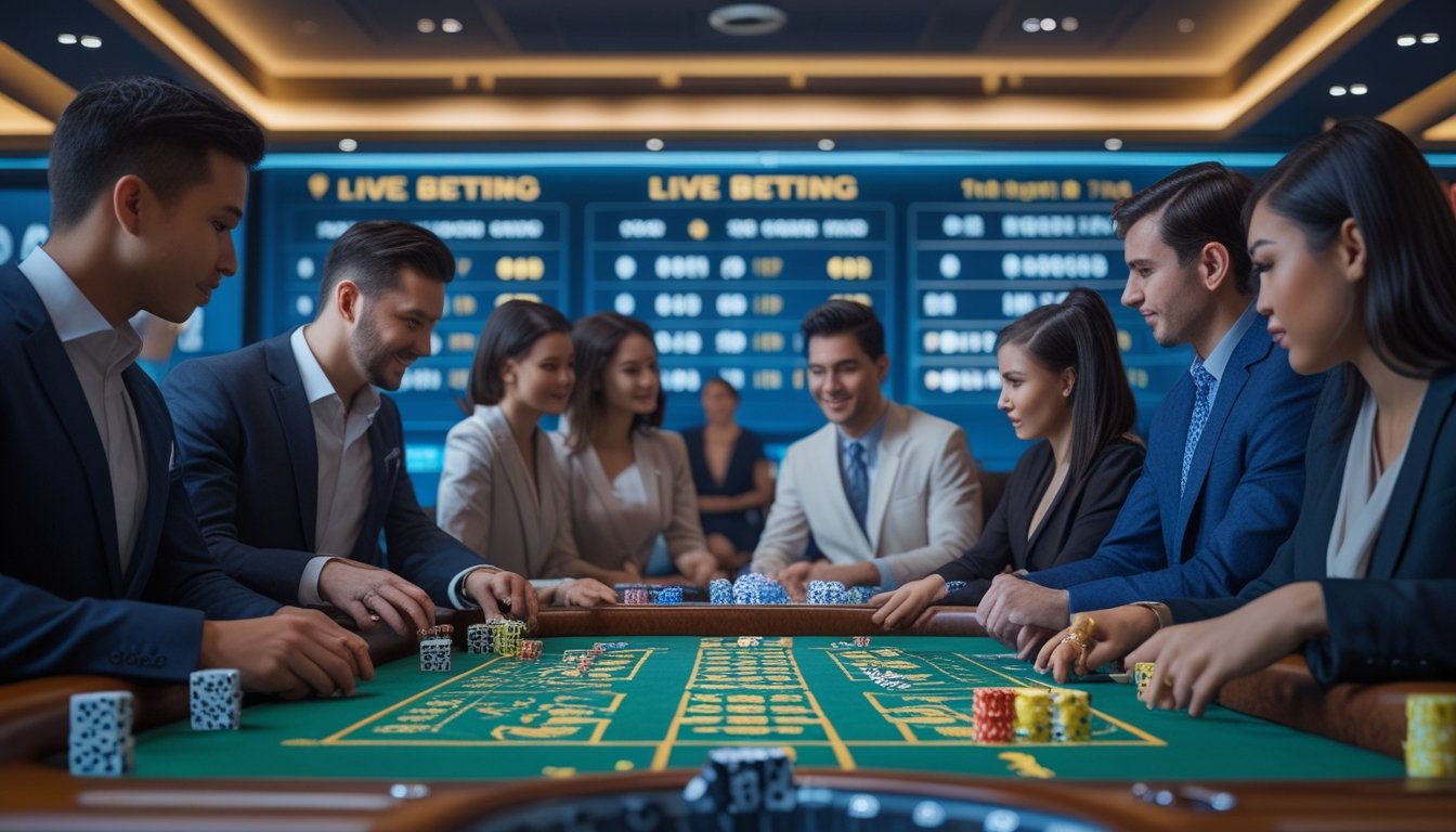Beberapa pemain dan dealer sedang bermain permainan Sic Bo di meja kasino dengan dadu dan chip taruhan di depan mereka.