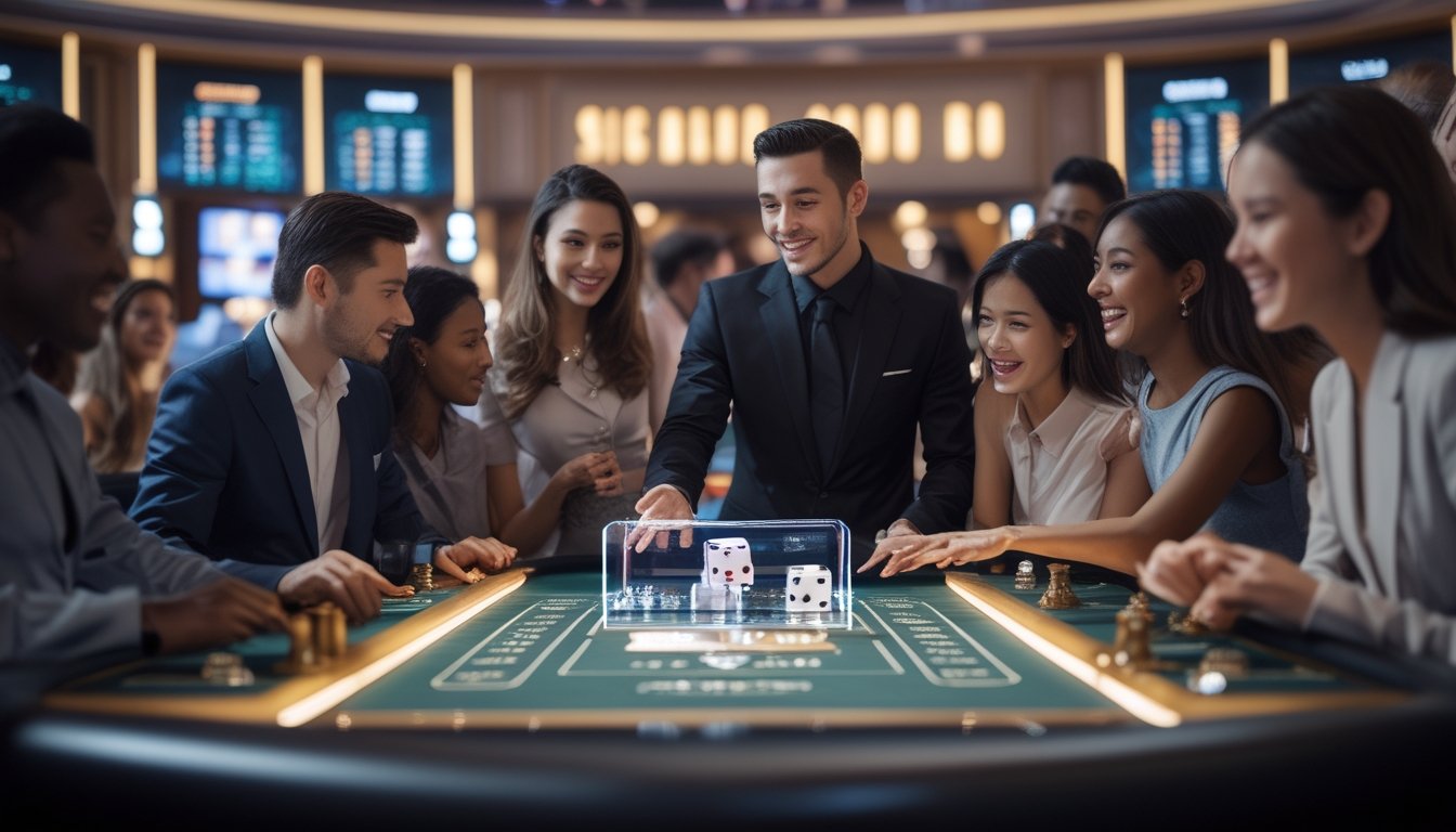 Seorang dealer dan beberapa pemain duduk di meja kasino dengan dadu Sic Bo yang sedang dilempar, suasana kasino yang modern dan ramai.