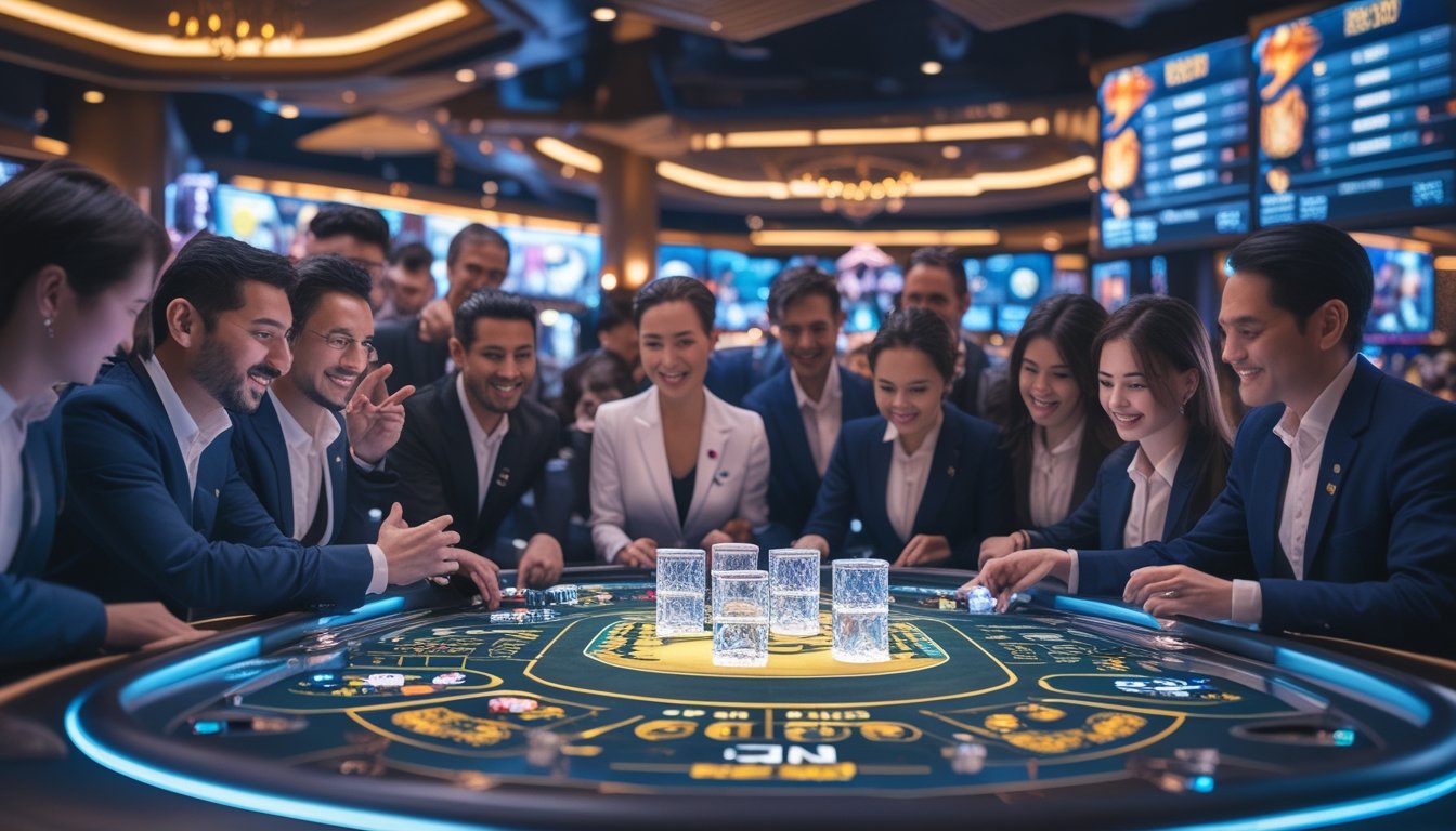 Sejumlah pemain berkumpul di meja Sic Bo di kasino live yang modern dengan dealer yang melayani dan layar digital di latar belakang.