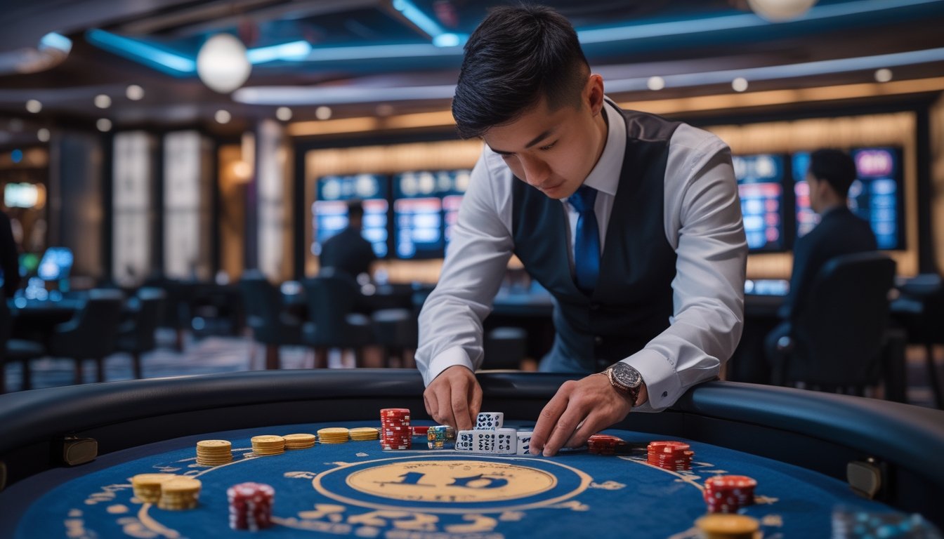 Seorang pemain di meja Sic Bo di kasino langsung sedang mengatur chip taruhan dengan fokus dan suasana kasino modern di latar belakang.