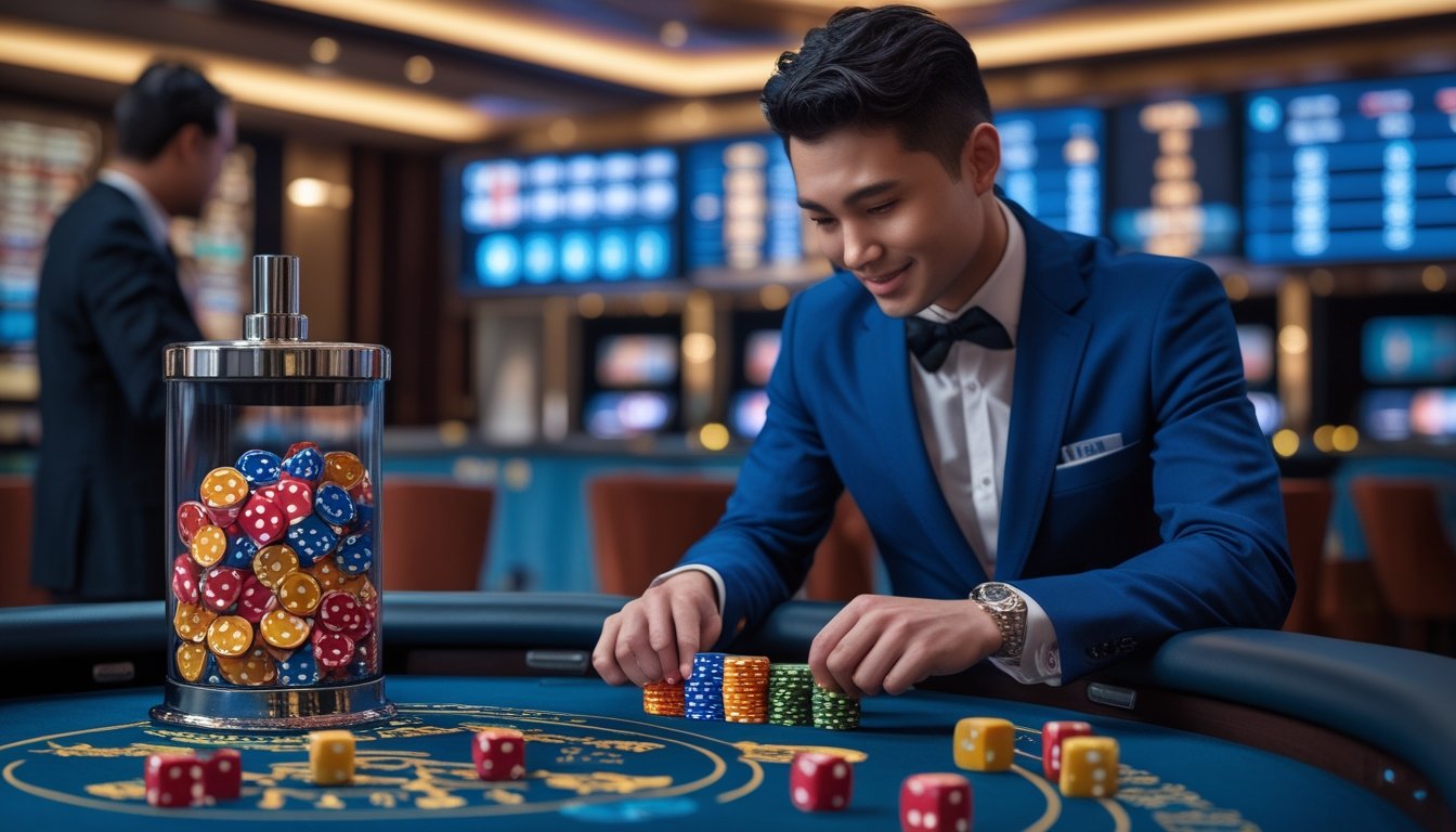 Seorang pemain di kasino langsung sedang mengelola chip taruhan di meja Sic Bo dengan dadu berwarna-warni dan dealer yang mengawasi permainan.
