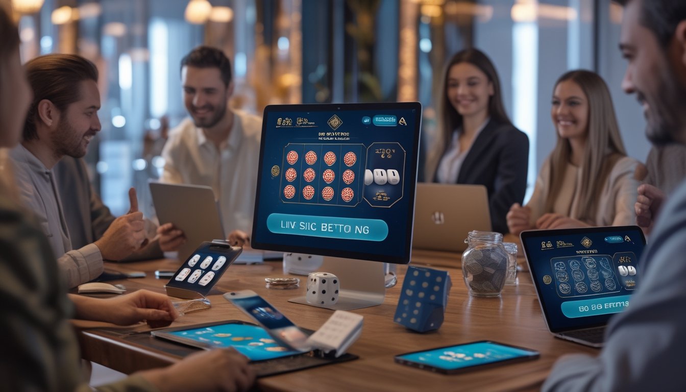 Orang-orang menggunakan perangkat digital untuk bermain taruhan Sic Bo secara langsung di lingkungan kasino modern.