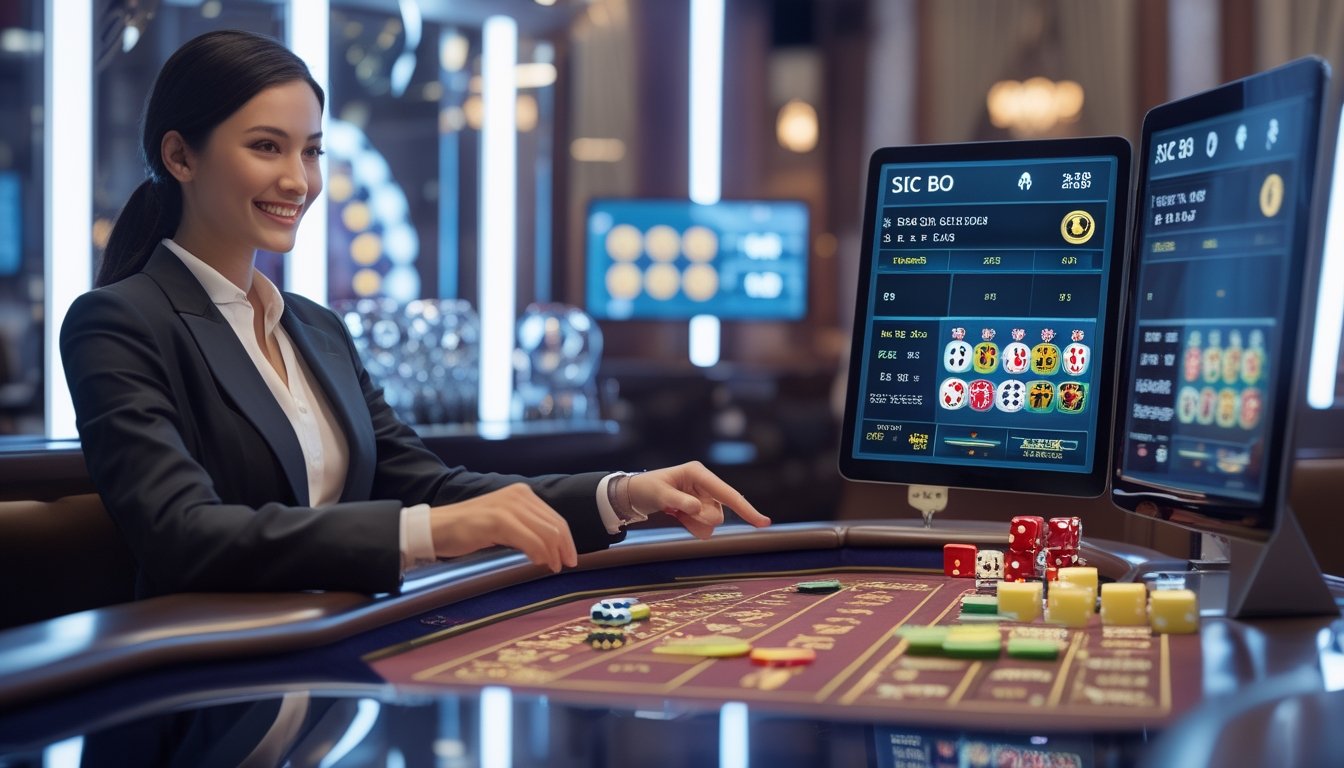 Seorang dealer kasino langsung yang ramah sedang mengelola permainan Sic Bo dengan dadu dan chip di meja permainan yang modern dan terang.