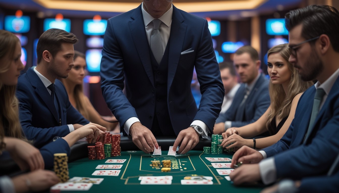 Seorang dealer dan beberapa pemain duduk di meja poker hijau di kasino, sedang bermain Red Dog Poker dengan suasana serius dan fokus.