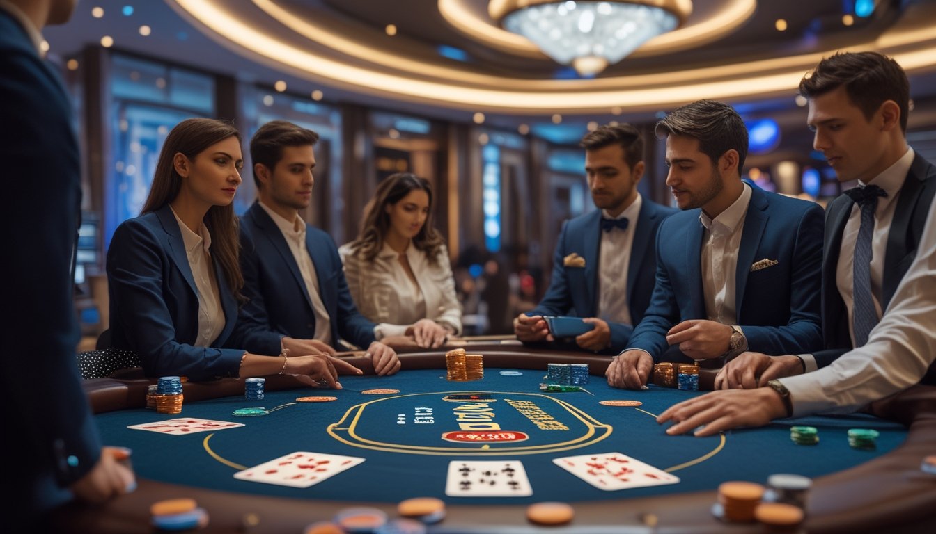Seorang dealer dan pemain di meja Red Dog Poker di dalam kasino yang mewah.