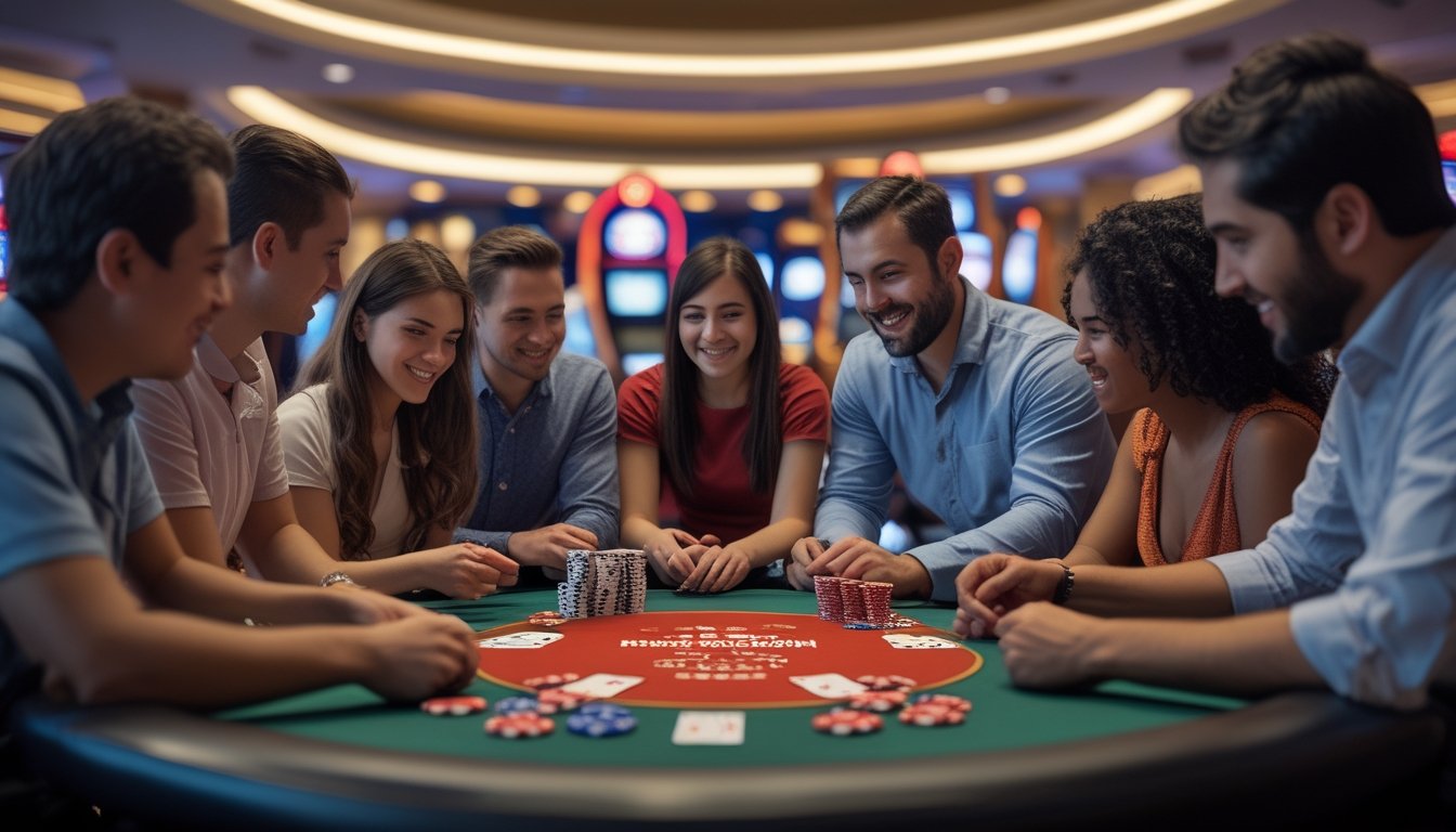 Sekelompok orang belajar bermain Red Dog Poker di meja kasino dengan dealer yang ramah.