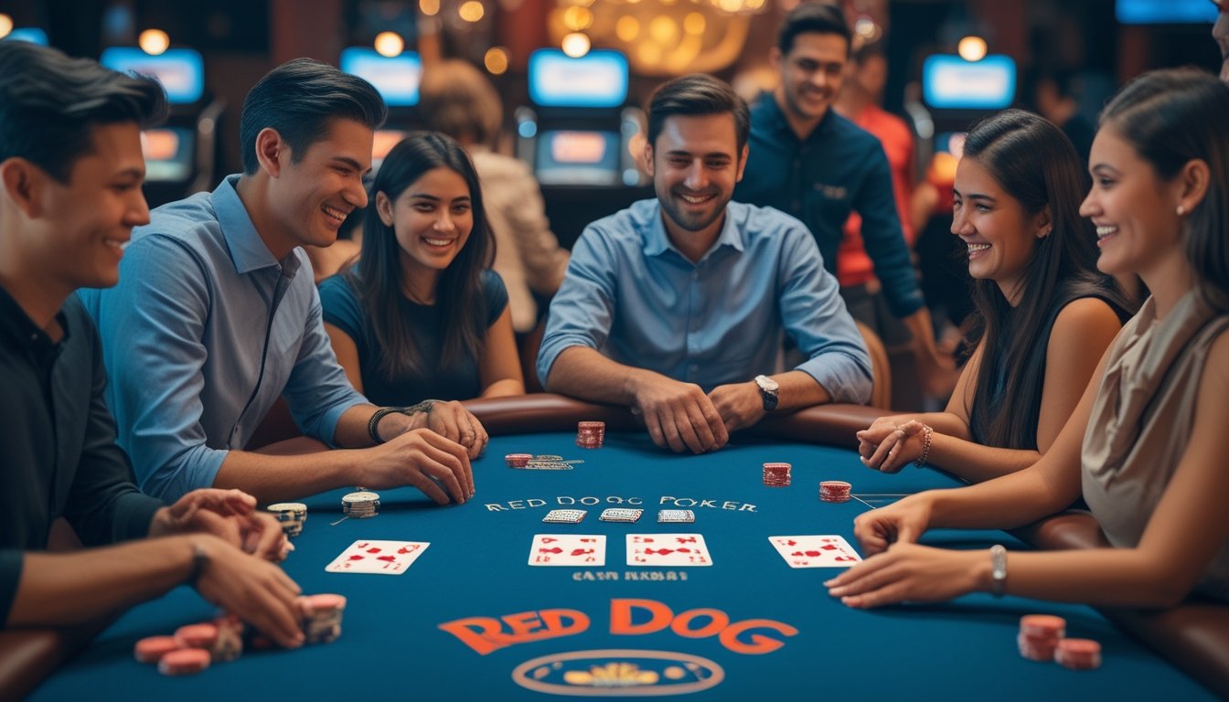 Meja poker dengan tiga kartu terbuka dan beberapa pemain yang sedang belajar bermain Red Dog Poker di kasino.