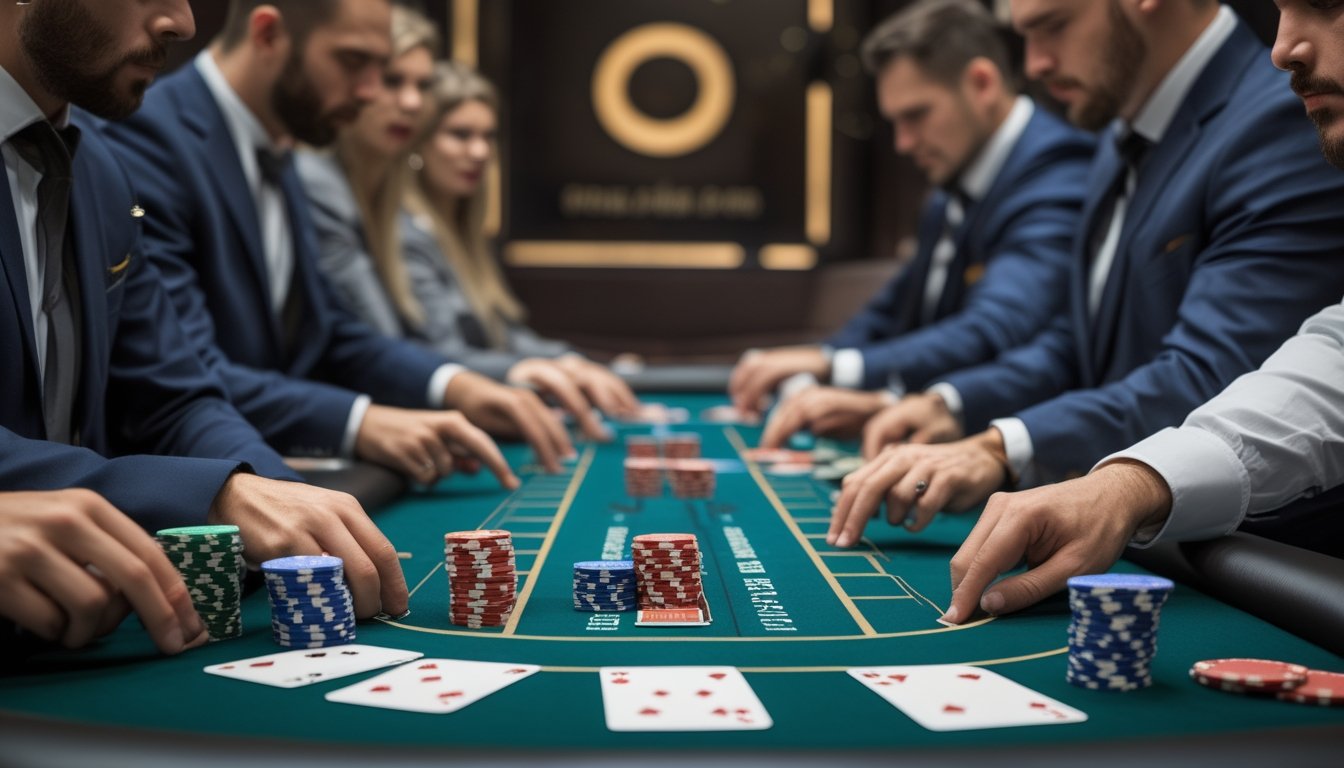 Meja poker kasino dengan pemain yang sedang bertaruh dan kartu serta chip di atas meja.