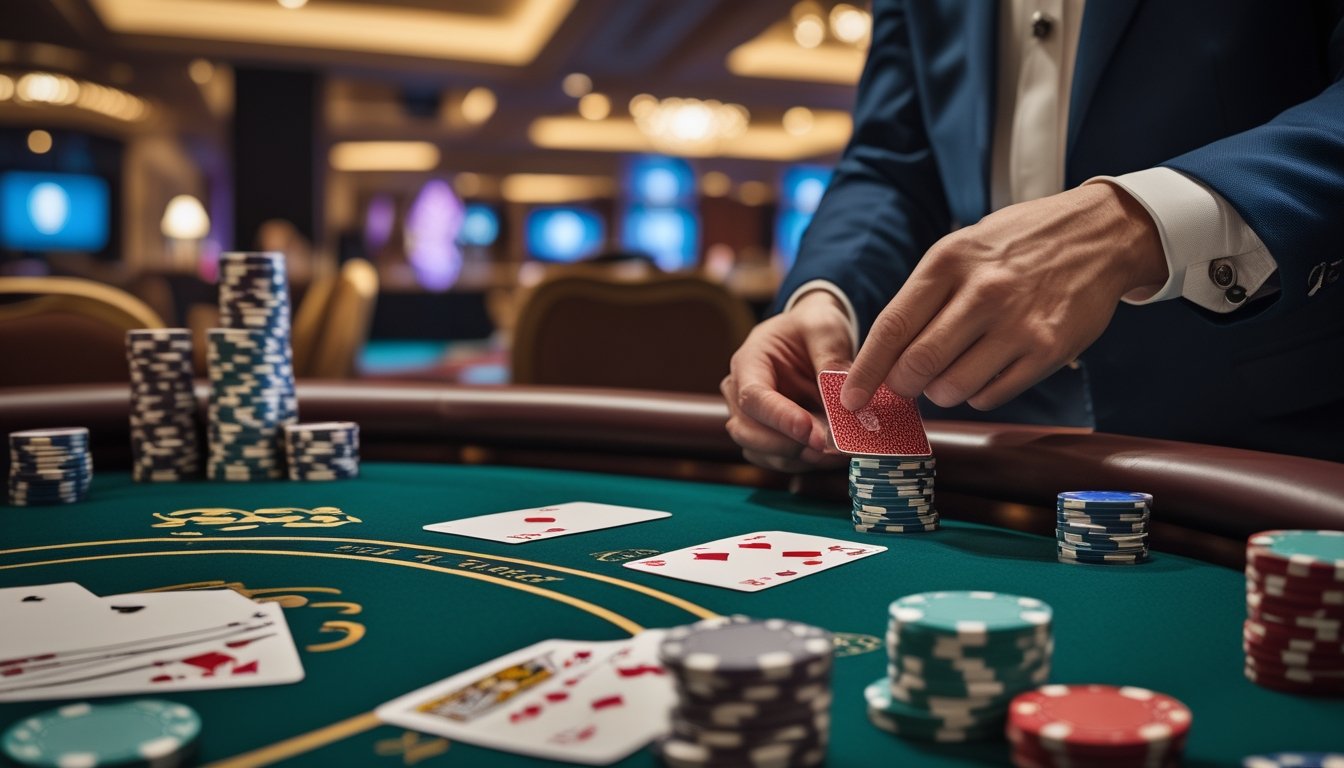Seorang dealer kartu sedang menangani permainan Red Dog Poker di meja kasino dengan tumpukan chip dan kartu terlihat jelas.