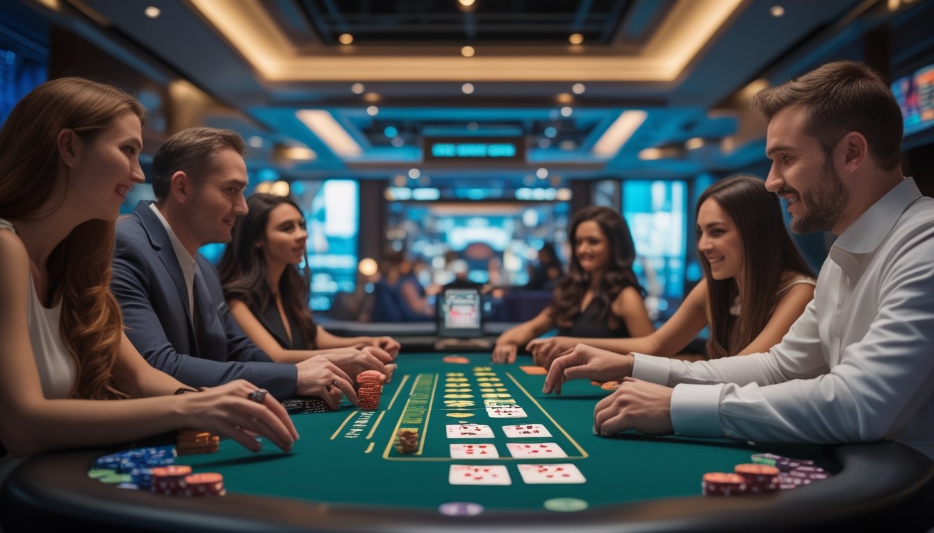 Beberapa pemain berjudi di meja poker dengan kartu dan chip, suasana kasino modern dengan pencahayaan hangat.