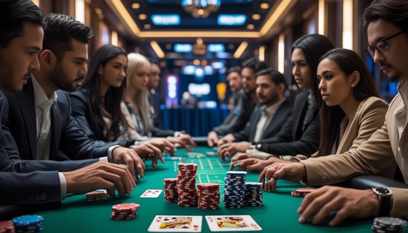 Sejumlah pemain duduk di sekitar meja poker sedang bermain Red Dog Poker dengan kartu dan chip taruhan di atas meja.