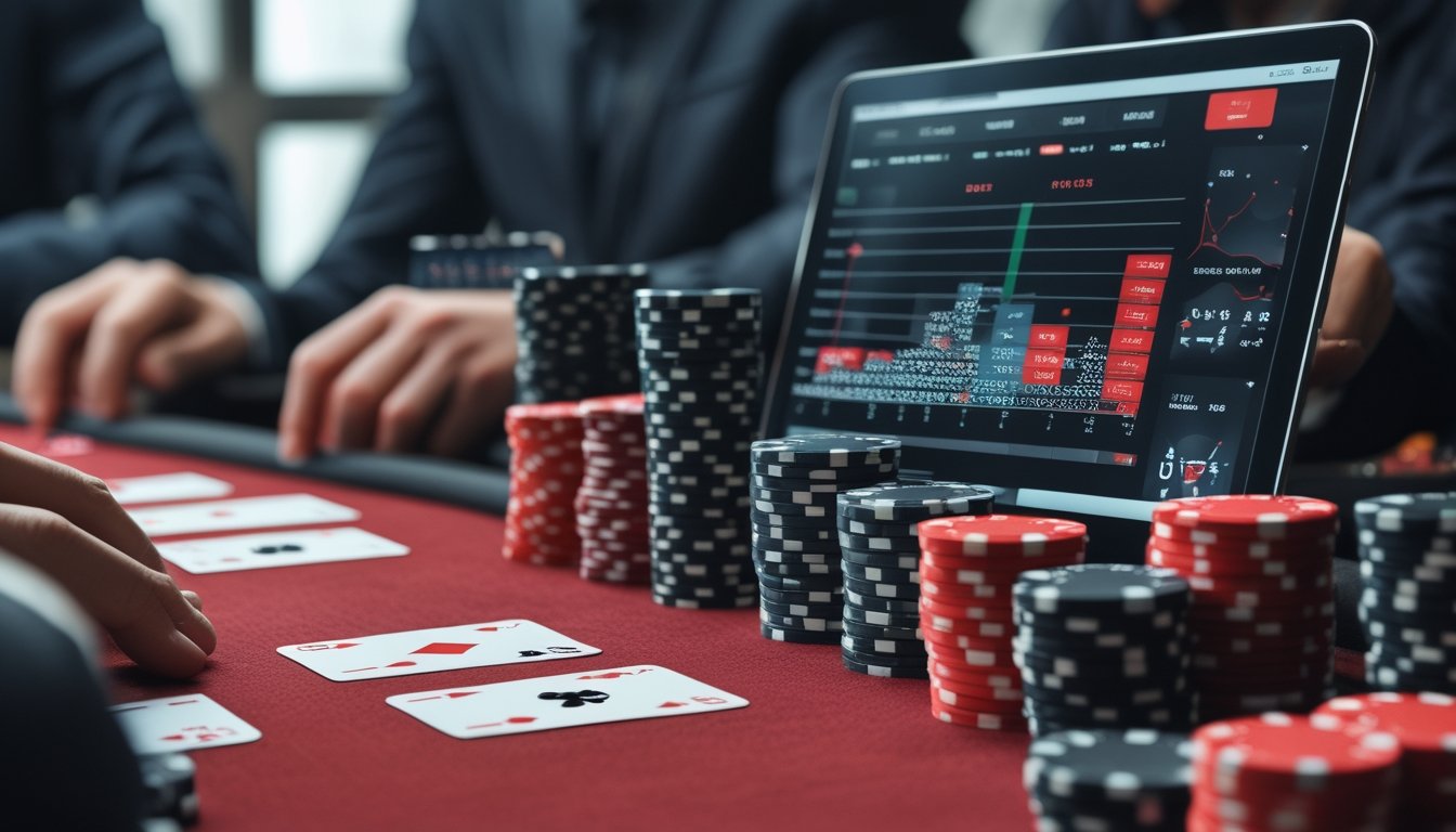 Meja poker dengan tumpukan chip merah dan hitam, kartu bermain, dan perangkat digital yang menampilkan grafik dan angka, dengan pemain yang fokus memikirkan strategi.
