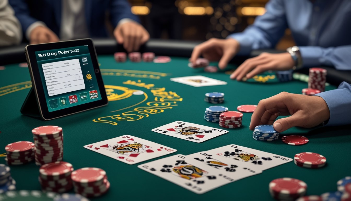 Meja kasino dengan permainan Red Dog Poker sedang berlangsung, kartu dan chip terlihat, serta perangkat digital menampilkan perhitungan strategi.