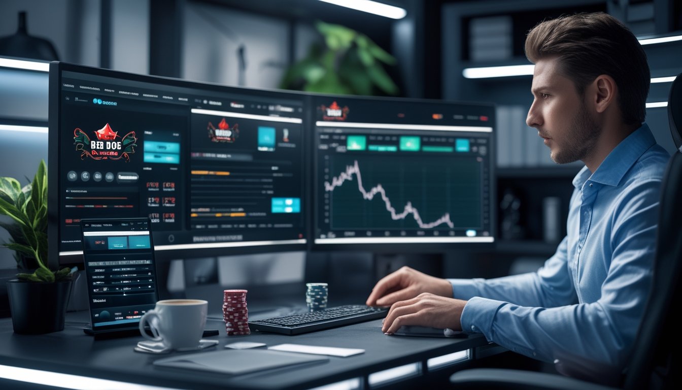 Seorang pemain duduk di depan komputer dengan beberapa layar menampilkan permainan Red Dog Poker dan grafik keuangan, di meja terdapat chip poker dan ponsel, di ruang kerja yang nyaman.