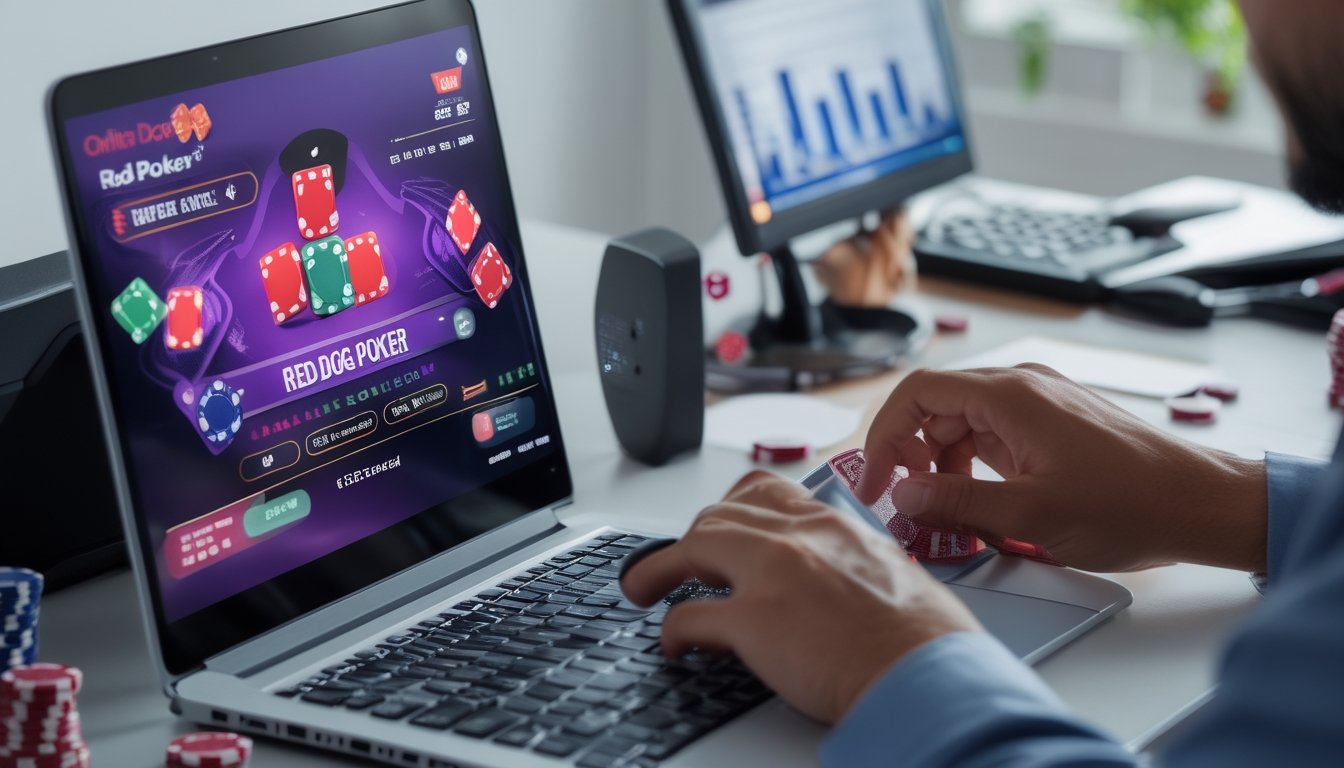 Seorang pemain mengelola chip poker dan menggunakan perangkat digital dengan layar menampilkan permainan Red Dog Poker online di meja kerja yang rapi.