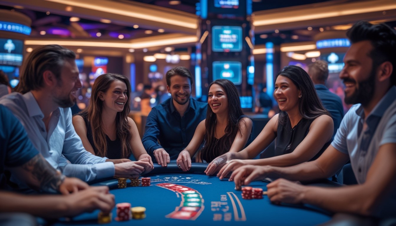 Beberapa pemain kasino yang antusias sedang bermain poker di meja dengan tema anjing merah di sebuah kasino modern.