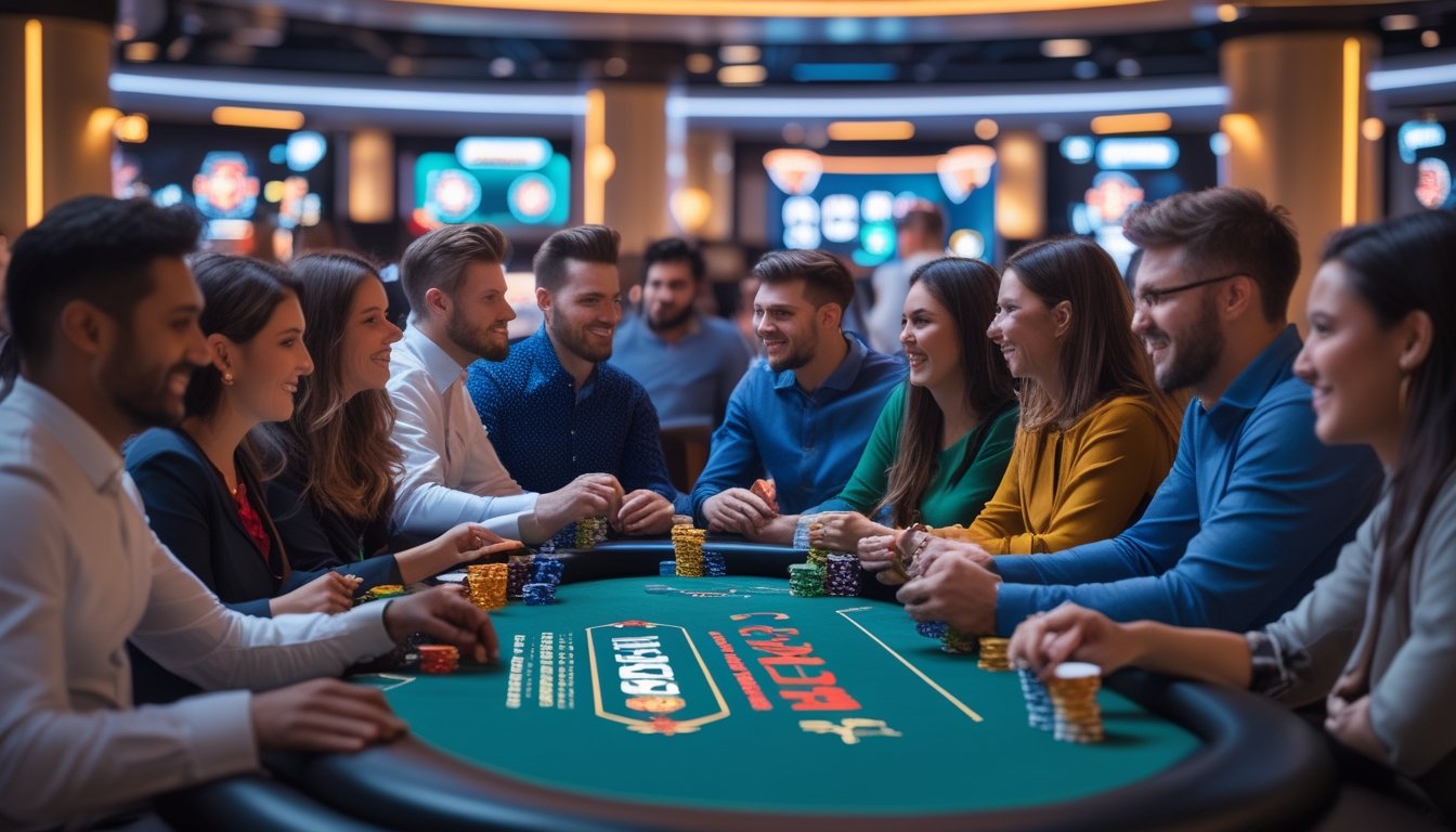 Sekelompok pemain kasino sedang bermain poker di meja dengan suasana modern dan pencahayaan cerah, menunjukkan kegembiraan dan fokus dalam permainan.