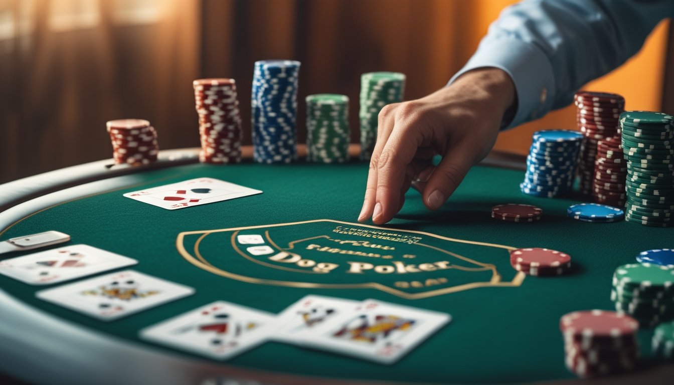 Meja poker dengan kartu dan chip yang tertata rapi, menunjukkan suasana permainan Red Dog Poker.