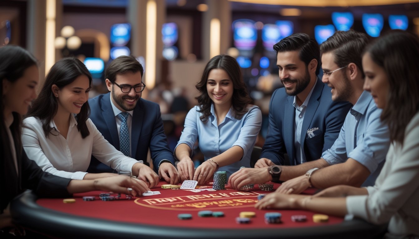 Sekelompok pemain duduk di sekitar meja poker dengan kartu dan chip, sedang bermain Red Dog Poker di kasino.