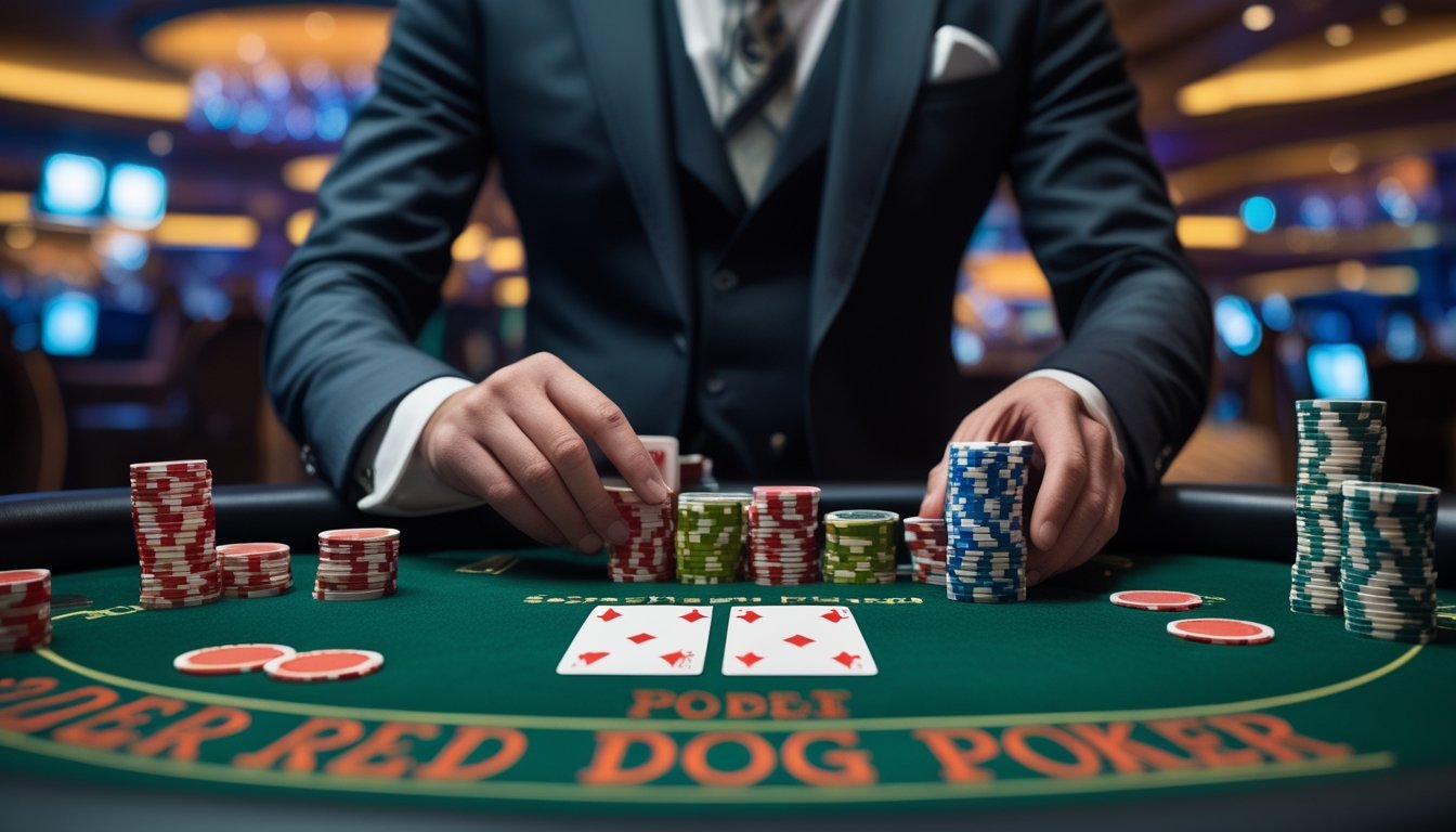 Seorang dealer profesional sedang membagikan kartu di meja poker dengan tumpukan chip dan suasana kasino yang elegan.