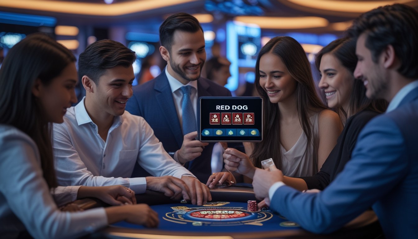 Orang-orang bermain poker digital di kasino modern dengan perangkat layar sentuh dan pencahayaan futuristik.