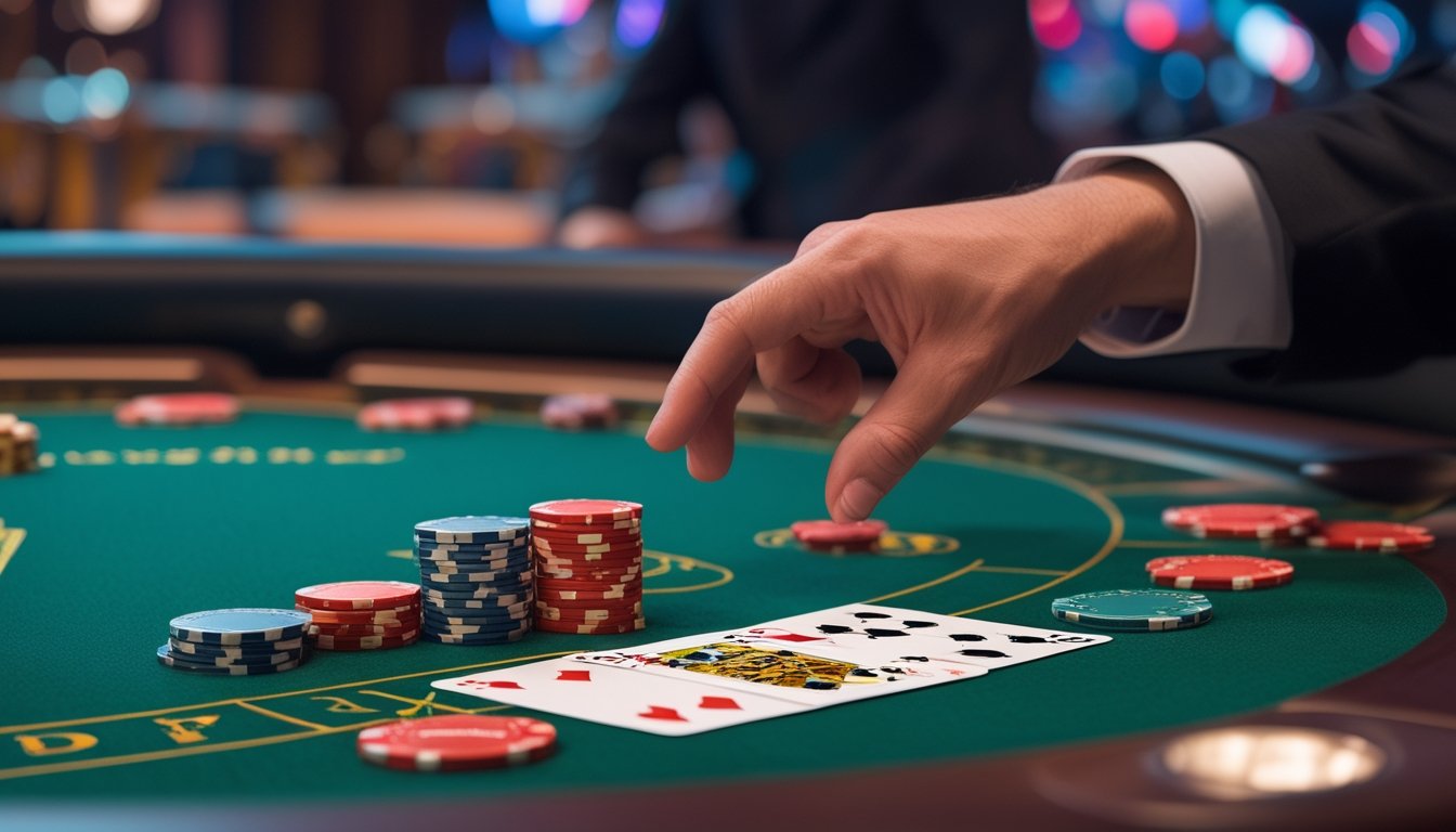 Meja poker di kasino dengan tumpukan chip dan kartu yang sedang dimainkan oleh dealer.