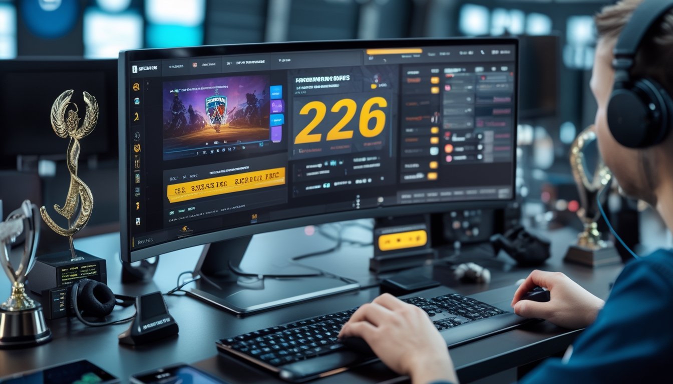 Meja kerja modern dengan monitor menampilkan grafik game esports dan statistik taruhan, tangan seseorang menggunakan mouse dan keyboard, serta perlengkapan gaming di sekitar meja.