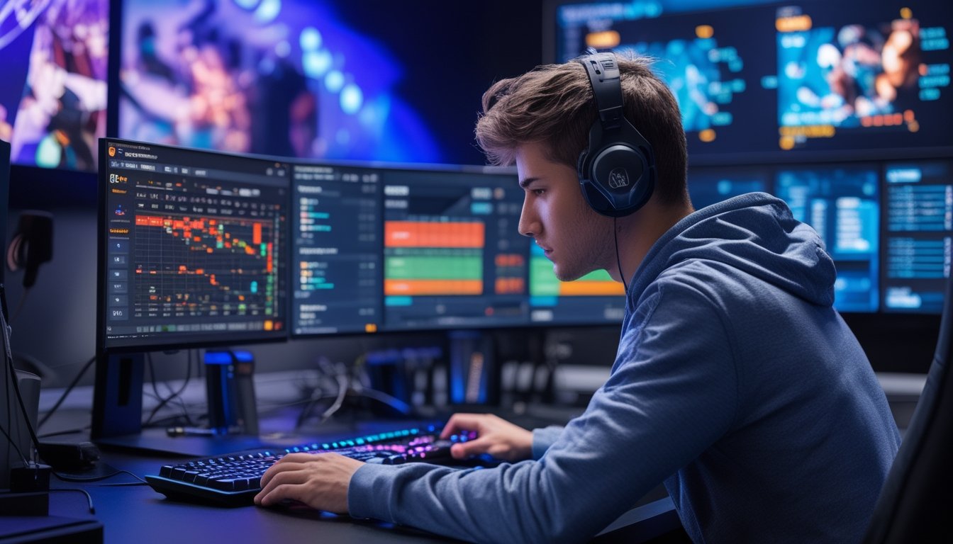 Seorang pria muda duduk di depan meja dengan beberapa monitor yang menampilkan permainan esports dan data taruhan, dikelilingi oleh perangkat gaming dan suasana teknologi modern.