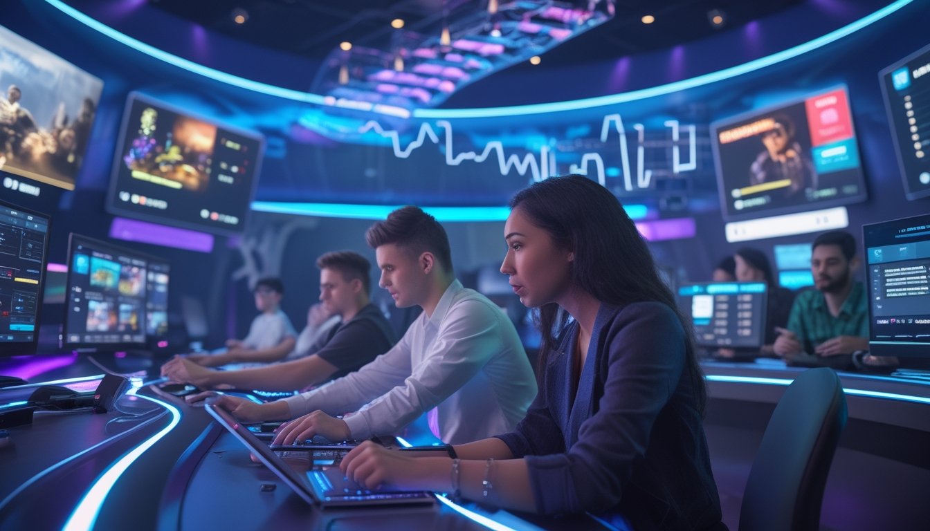 Beberapa orang muda sedang memasang taruhan pada pertandingan esports di sebuah ruang gaming modern dengan layar besar yang menampilkan berbagai permainan populer.