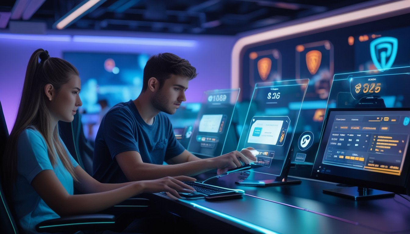 Dua orang muda menggunakan perangkat digital di meja futuristik dengan layar transparan menampilkan transaksi deposit dan withdraw pada situs judi esports.