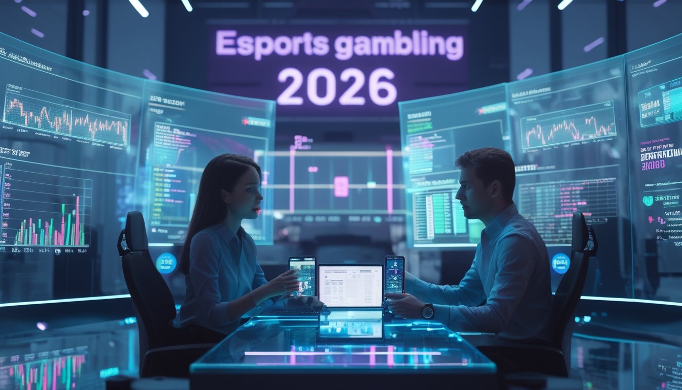 Dua analis esports sedang berdiskusi di depan layar holografik yang menampilkan grafik dan data taruhan dalam ruangan futuristik dengan pencahayaan neon biru dan ungu.