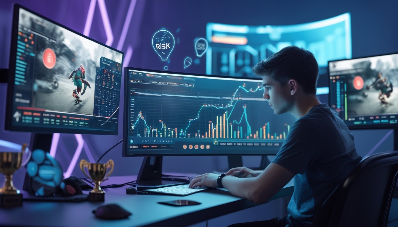 Seorang dewasa muda fokus menganalisis data taruhan judi esports di depan monitor dengan grafik dan indikator risiko dalam ruangan berteknologi tinggi.