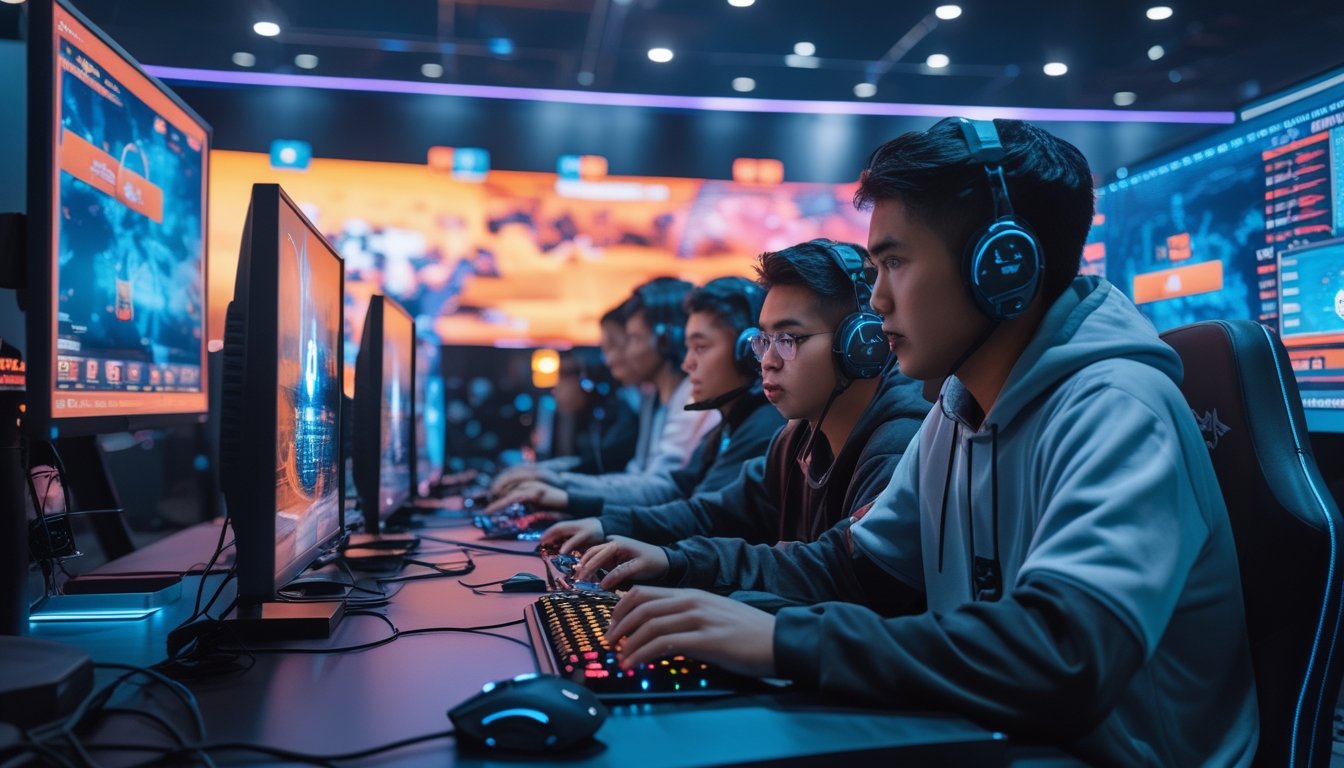 Sekelompok orang muda sedang bermain game esports dengan peralatan gaming di ruangan modern yang terang.