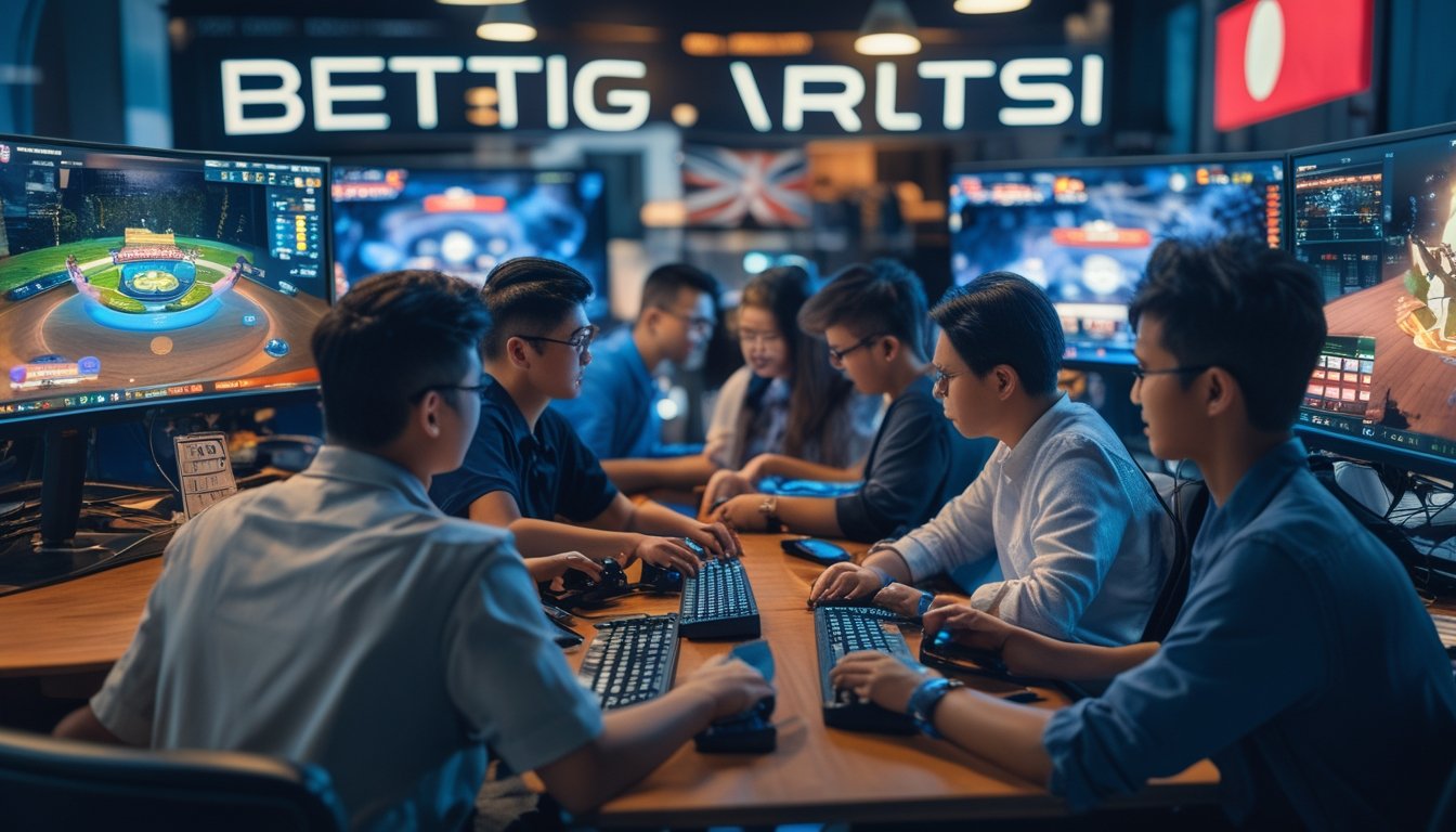 Sekelompok orang muda sedang bermain dan bertaruh pada permainan esports di depan beberapa layar komputer dengan suasana modern dan bendera Indonesia kecil di meja.